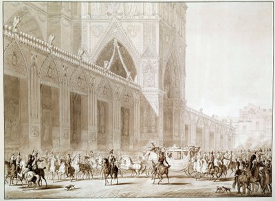 Die Ankunft von Kaiser Napoleon I. (1769-1821) und Kaiserin Josephine de Beauharnais (1763-1814) in der Kathedrale Notre Dame de Paris am Tag der Krönung. Druck nach 