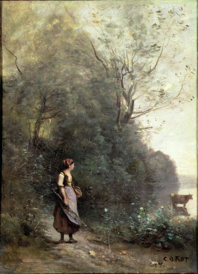 Eine Bäuerin weidet eine Kuh am Waldrand, ca. 1865-70 von Jean Baptiste Camille Corot