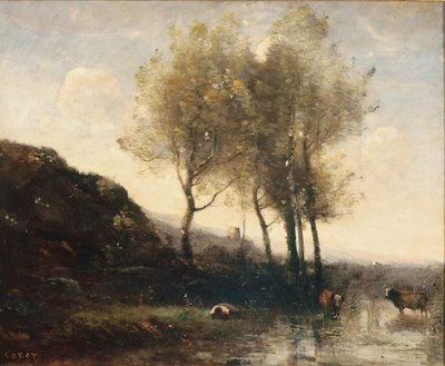 Kuhhirte ruht am Fuß der kühlen Hügel, um 1855-65 von Jean Baptiste Camille Corot