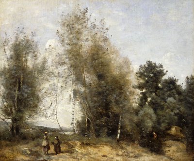Gruppe von Bäumen am Teichrand mit drei Bauern, ca. 1865-1870 von Jean Baptiste Camille Corot