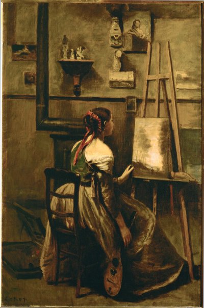 Das Atelier von Corot - junge Frau vor einer Staffelei von Jean-Baptiste-Camille Corot