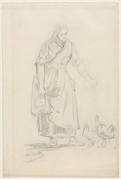 Bauernmädchen füttert Hühner, 1800er von Jean Baptiste Camille Corot