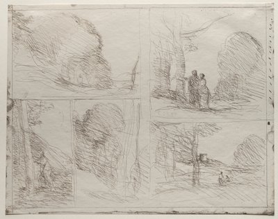 Der Garten des Perikles; Die Gasse des Malers; Gekritzel; Der große Holzfäller; Der Turm von Heinrich VIII von Jean Baptiste Camille Corot