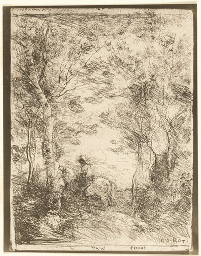 Der Reiter im Wald, kleine Platte von Jean Baptiste Camille Corot