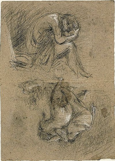 Skizzen: Sitzender Mann mit Kopf in den Händen und zwei Figuren, die sich im Hintergrund zu anderen beugen (recto); Liegende Frau (verso) von Jean Baptiste Carpeaux