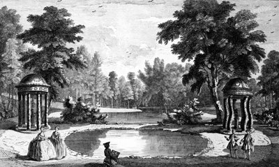 Ansicht der Grotte und zwei Muschelschreine, Stowe House Gardens, graviert von George Bickham, 1753 von Jean Baptiste Claude Chatelain