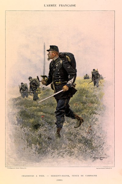 Typen und Uniformen der französischen Armee von Hauptmann Jules Richard, illustriert von Edouard Detaille (1848-1912): Fußjäger: Feldwebel in Felduniform im Jahr 1885, Privatbesitz von Jean Baptiste Edouard Detaille
