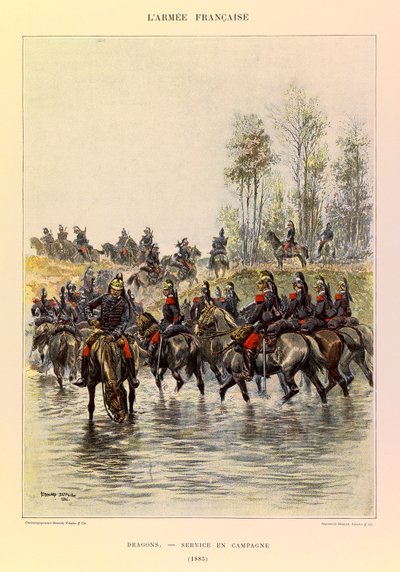 Typen und Uniformen der französischen Armee von Hauptmann Jules Richard, illustriert von Edouard Detaille (1848-1912): Dragoner; Felddienst im Jahr 1885, Private Sammlung von Jean Baptiste Edouard Detaille