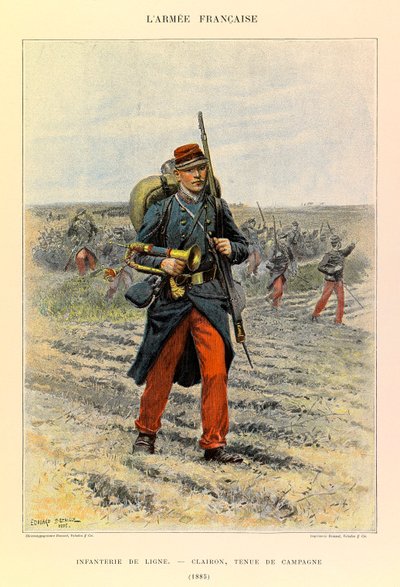 Typen und Uniformen der französischen Armee von Kapitän Jules Richard, illustriert von Edouard Detaille: Linieninfanterie; Clairon in Feldkleidung 1885, Privatbesitz von Jean Baptiste Edouard Detaille