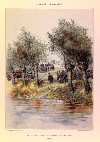Typen und Uniformen der französischen Armee von Hauptmann Jules Richard, illustriert von Edouard Detaille: Fußjäger; die großen Manöver, 1885 von Jean Baptiste Edouard Detaille