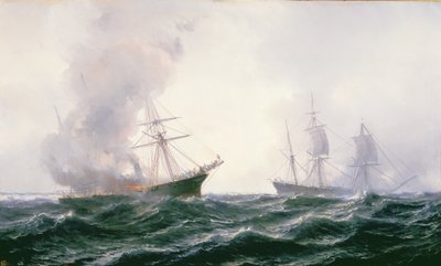 Ein Schiff in Brand auf See, mit einem anderen Schiff in der Nähe von Jean Baptiste Henri Durand Brager