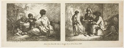 Kinder mit einem Hund und Schafen und Bauernfamilie am Feuer von Jean Baptiste Huet