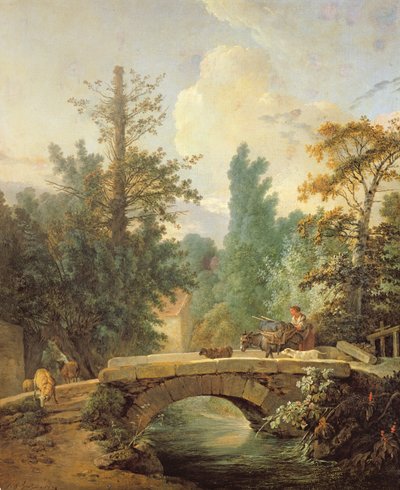 Bäuerin und ihr Esel überqueren eine Brücke, 1775 von Jean Baptiste Huet