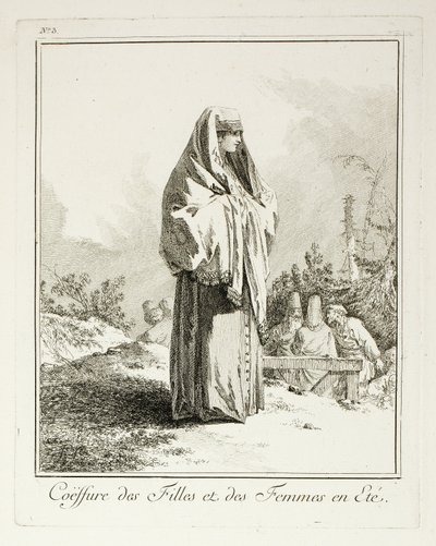 Kopfschmuck für Mädchen und Frauen im Sommer, Platte drei aus Verschiedene Trachten der Völker des Nordens von Jean Baptiste Le Prince