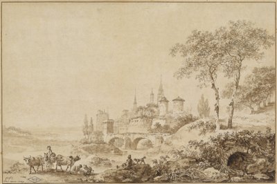 Hirten in einer Landschaft vor einer befestigten Stadt von Jean Baptiste Le Prince
