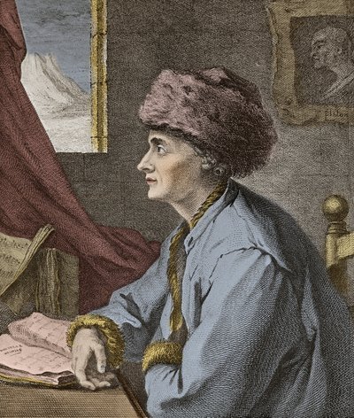 Jean Jacques Rousseau, französischer Schriftsteller und Philosoph in Neuchâtel 1765, graviert von J.B. Michel von Jean Baptiste Michel