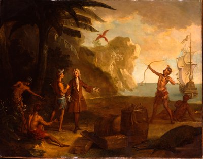 Amerika - Ein europäischer Kaufmann verhandelt mit amerikanischen Ureinwohnern über ein Fass Tabak und andere Waren, 1724 von Jean Baptiste Oudry