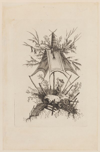 Figur unter Zelt, aus "Recueil des Tentes Chinoises" von Jean Baptiste Pillement