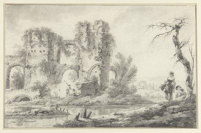 Ruine an einem Fluss mit einem Jungen und einem Mädchen rechts von Jean Baptiste Pillement