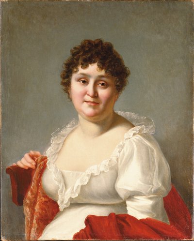 Porträt von Madame Regnault, Brustbild, in einem weißen Kleid und einem Kaki-Schal von Jean Baptiste Regnault