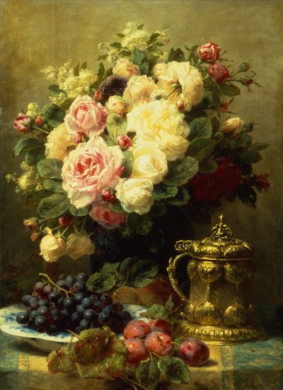 Eine Vase mit Rosen und ein Krug auf einem Tisch von Jean Baptiste Robie