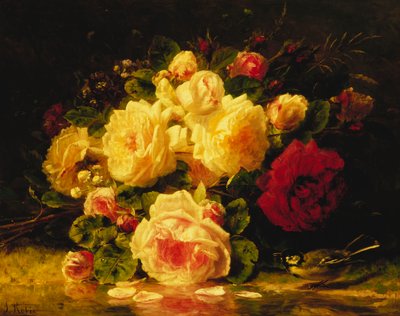 Rosen mit einer Blaumeise an einem Bach von Jean Baptiste Robie