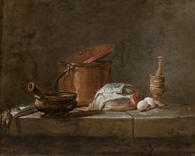 Lauch, ein Topf mit Tuch, ein Kupfertopf mit Deckel, eine Zwiebel und Eier mit einem Mörser und Stößel auf einem Steinsims von Jean-Baptiste Simeon Chardin