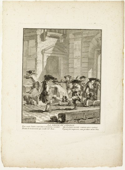 Entlassung aus dem College, aus Die Spiele der Straßenjungen von Paris von Jean Baptiste Tilliard I