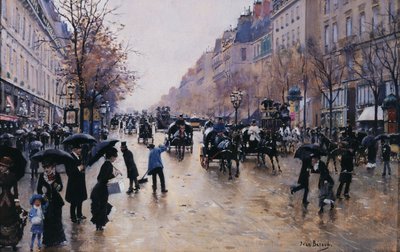 Boulevard Poissonnière im Regen, um 1880 von Jean Beraud