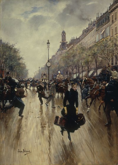 Vier Uhr nachmittags am Carrefour Drouot und dem Grand Boulevard, ca. 1895 von Jean Beraud