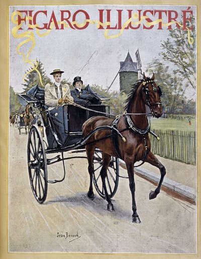 Frau fährt eine Kutsche mit einem Mann neben ihr - Titelbild in "Figaro Illustré" von Jean Beraud