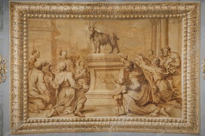Falsches vergoldetes Relief, mit der Ziege auf dem historischen Altar und umgeben von anbetenden Figuren von Jean Boulanger