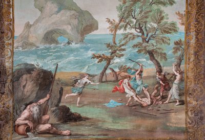 Die Bacchantinnen töten Orpheus mit Steinen und Stöcken, weil er sich weigert, die Lobgesänge des Bacchus zu singen von Jean Boulanger