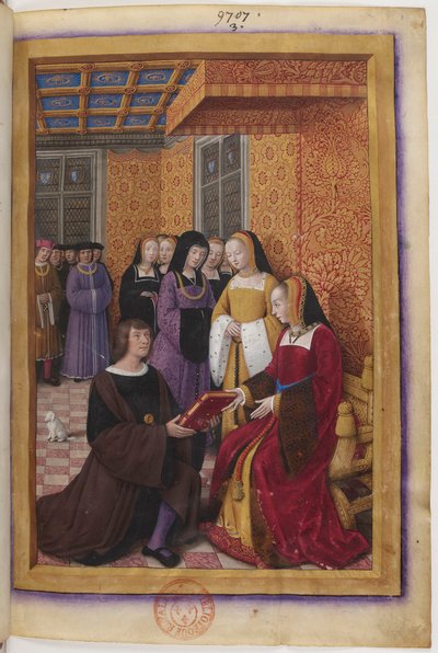 Miniatur der Widmung der Reise nach Genua: Jean Marot überreicht sein Werk an Anne de Bretagne von Jean Bourdichon