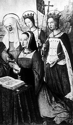 Anne von Bretagne mit St. Anne, St. Ursula und St. Helena, Miniatur aus den Grandes Heures von Anne von Bretagne von Jean Bourdichon