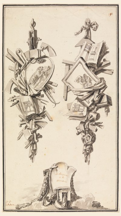 Ein Paar Trophäen, die auf die Handwerke des Schreiners und Tischlers verweisen von Jean Charles Delafosse