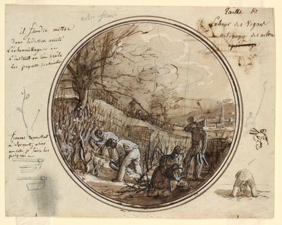 Entwurf für einen bemalten Porzellanteller, Schneiden und Arbeiten im Weinberg von Jean Charles Develly