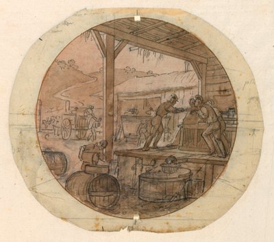 Entwurf für einen bemalten Porzellanteller, Be- oder Entladen von Waren von Jean Charles Develly