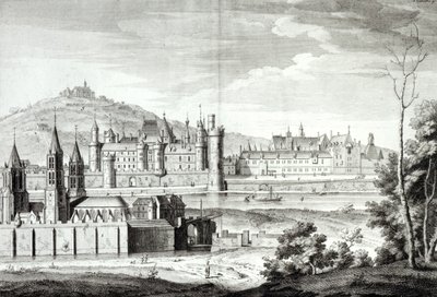 Ansicht der Abtei Saint-Germain-des-Prés, des Louvre, Petit Bourbon, Montmartre und der Seine im Jahr 1410, graviert von Antoine Herisset (1685-1769) von Jean Chaufourier