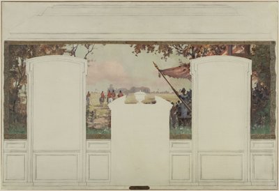 Skizze für das Rathaus von Fresnes: Landschaft mit Tribünen und Reitern von Jean Constant Pape