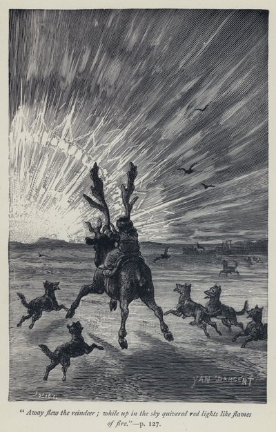 "Fort flogen die Rentiere, während am Himmel rote Lichter wie Flammen zitterten" (Gravur) von Jean Edouard Dargent