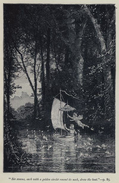 "Sechs Schwäne, jeder mit einem goldenen Reif um den Hals, zogen das Boot" (Gravur) von Jean Edouard Dargent