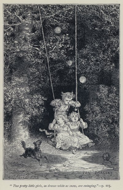 "Zwei hübsche kleine Mädchen, in Kleidern weiß wie Schnee, schaukeln" (Gravur) von Jean Edouard Dargent