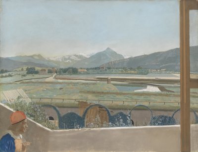 Blick auf das Mont-Blanc-Massiv aus dem Atelier des Künstlers in Genf, mit einem Selbstporträt, 1765-70 von Jean Étienne Liotard