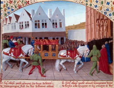 Einzug von Karl IV., deutscher Kaiser, 1378 in Saint-Denis. Miniatur aus „Große Chroniken von Frankreich“ (Folio 442). Illuminiert von Jean Fouquet von Jean Fouquet