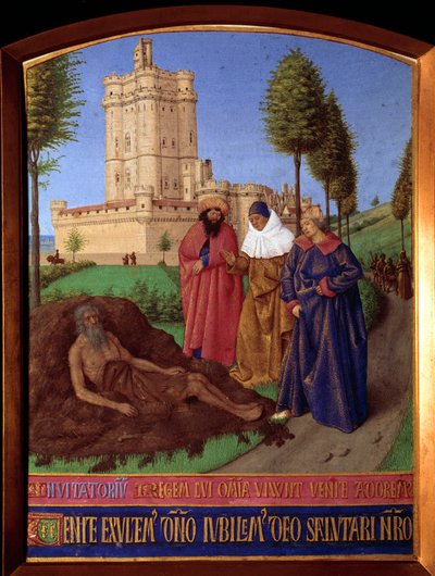 Hiob auf seinem Misthaufen, überwältigt von allen Unglücken Miniatur in „Les Heures d