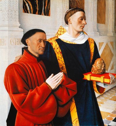 Linkes Flügelpanel des Melun-Diptychons: Etienne Chevalier mit seinem Schutzpatron St. Stephan von Jean Fouquet