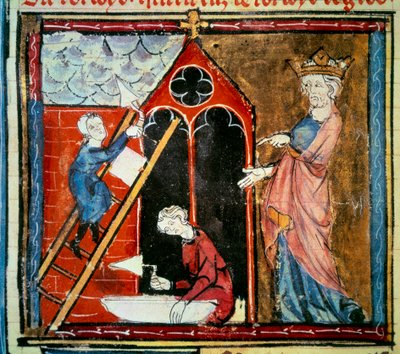 Ludwig VI. der Dicke (1081 - 1137) überwacht den Bau eines Gebäudes. Miniatur in „Grandes chroniques de France“ von Jean Fouquet (1420-1481) von Jean Fouquet