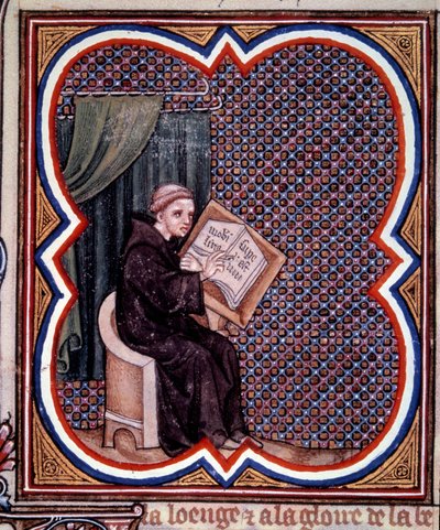 Primas schreibt die großen Chroniken Frankreichs in der Abtei von Saint Denis. Miniatur aus dem Manuskript von Jean Fouquet (1420 - 1481) „Grandes Chroniques de France“. Paris, BN von Jean Fouquet