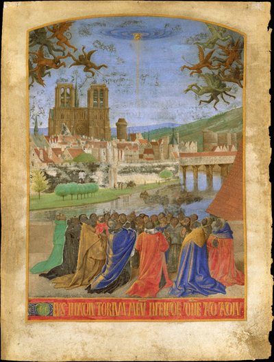 Die rechte Hand Gottes, die die Gläubigen vor den Dämonen schützt von Jean Fouquet